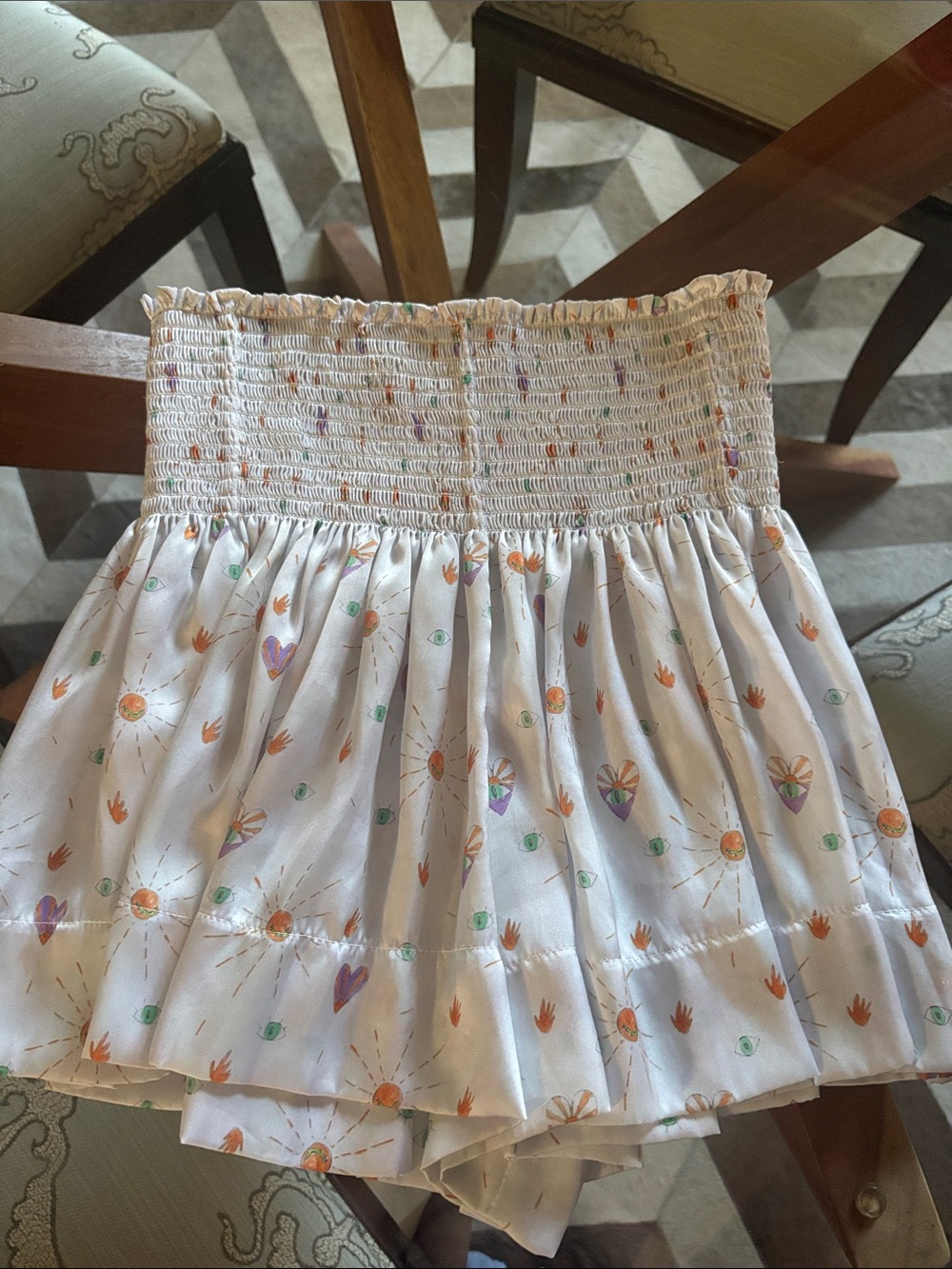 White Smocked Mini Skirt with Multicolor Floral Hearts